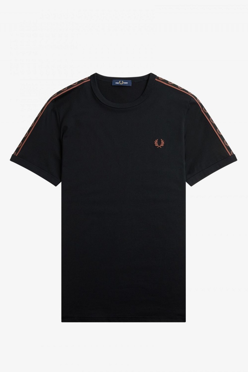 Fred Perry Contrast Tape Ringer Men's T-Shirt Black Whisky Brown | PJLIH8419