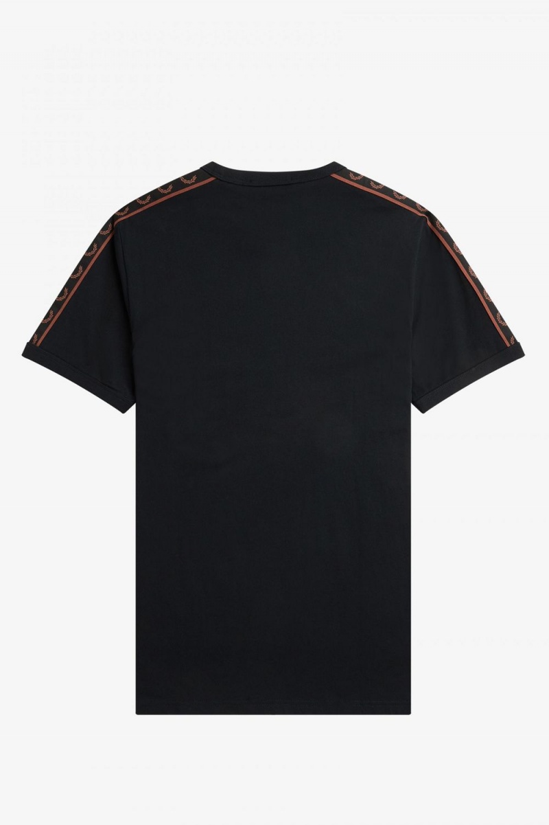 Fred Perry Contrast Tape Ringer Men's T-Shirt Black Whisky Brown | PJLIH8419