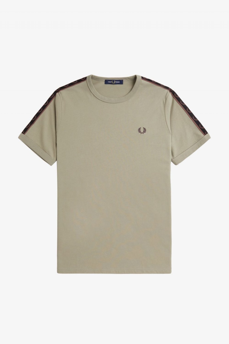 Fred Perry Contrast Tape Ringer Men's T-Shirt Warm Grey Dark Red | IJOAT5847