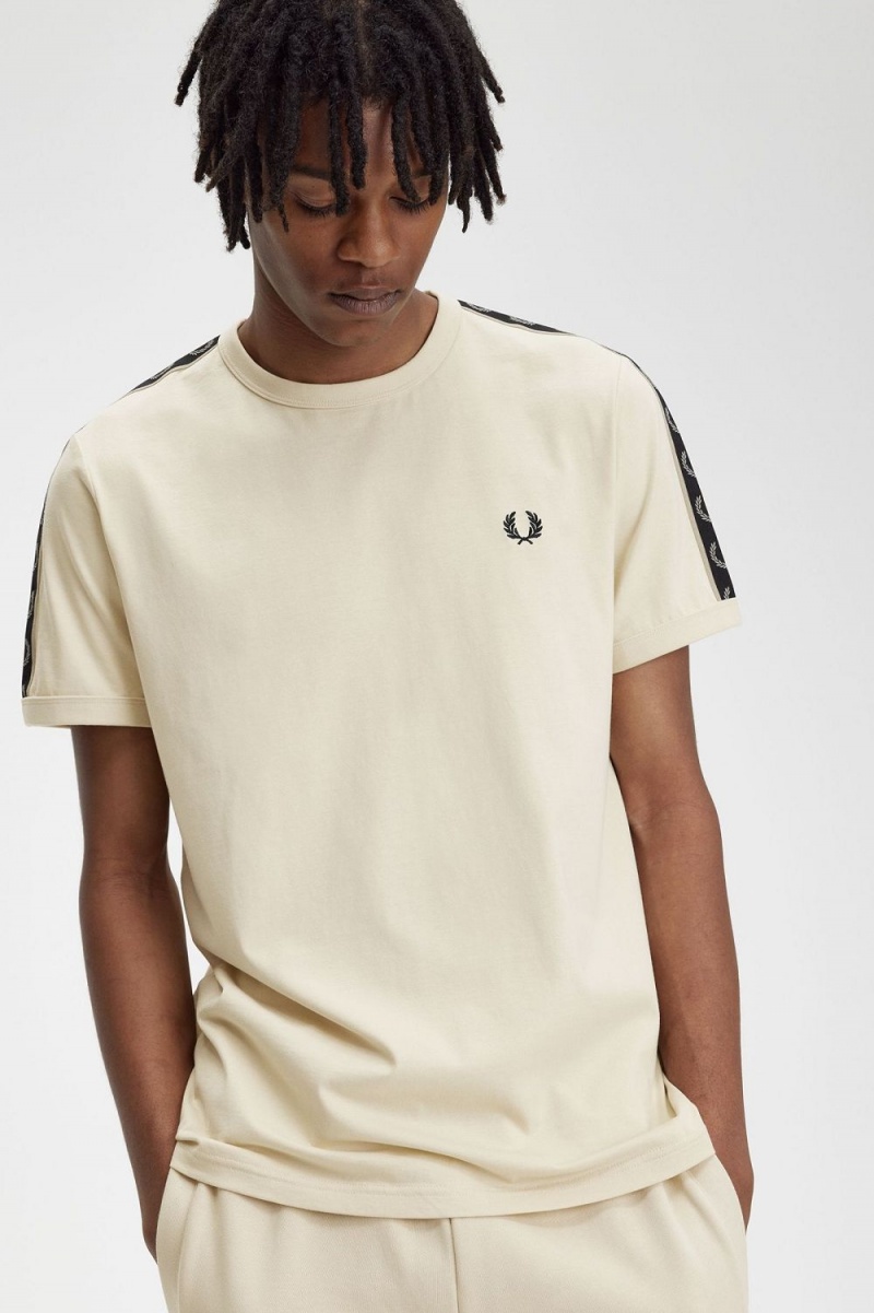 Fred Perry Contrast Tape Ringer Men's T-Shirt Oatmeal Warm Grey | YARFZ8367