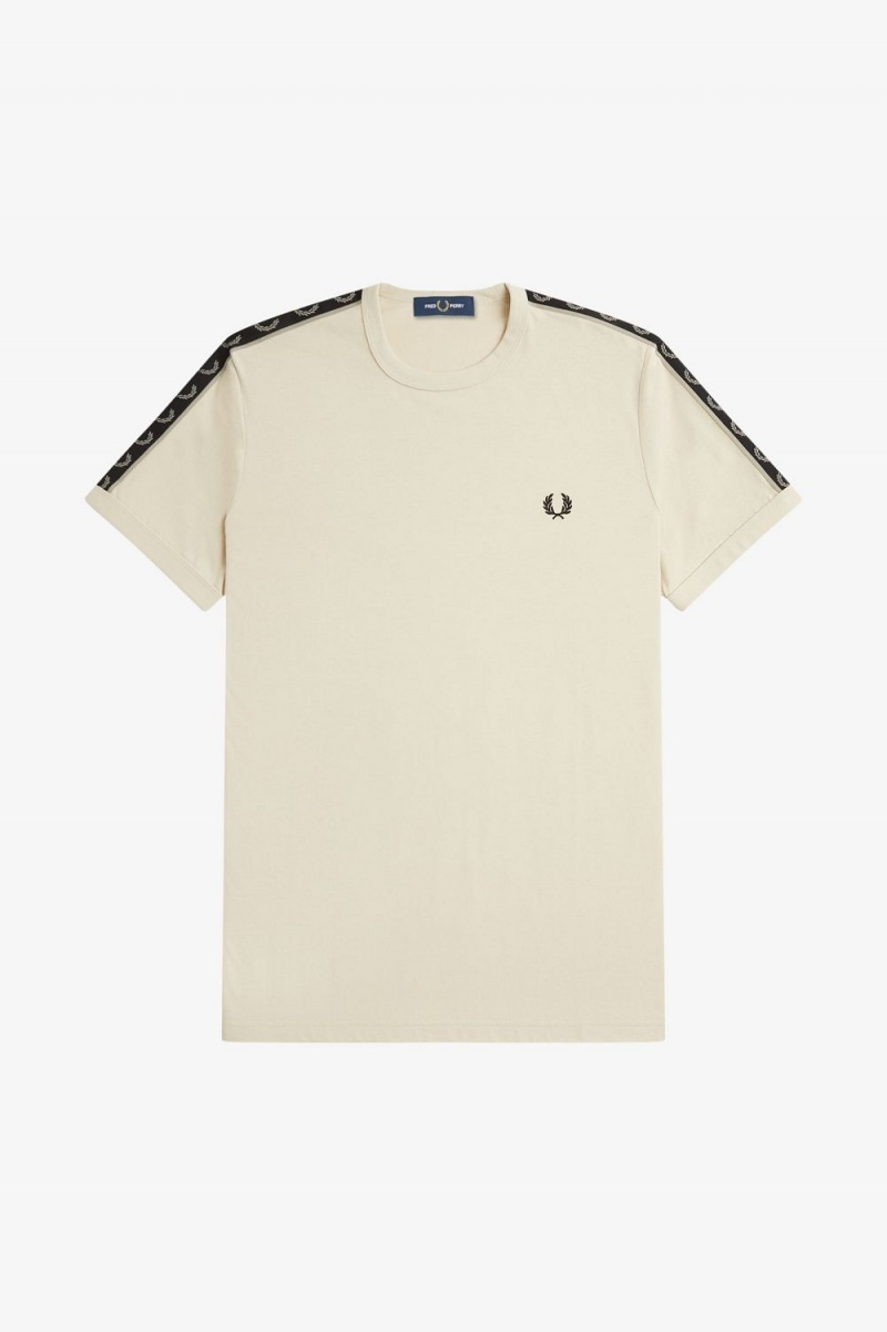 Fred Perry Contrast Tape Ringer Men's T-Shirt Oatmeal Warm Grey | YARFZ8367