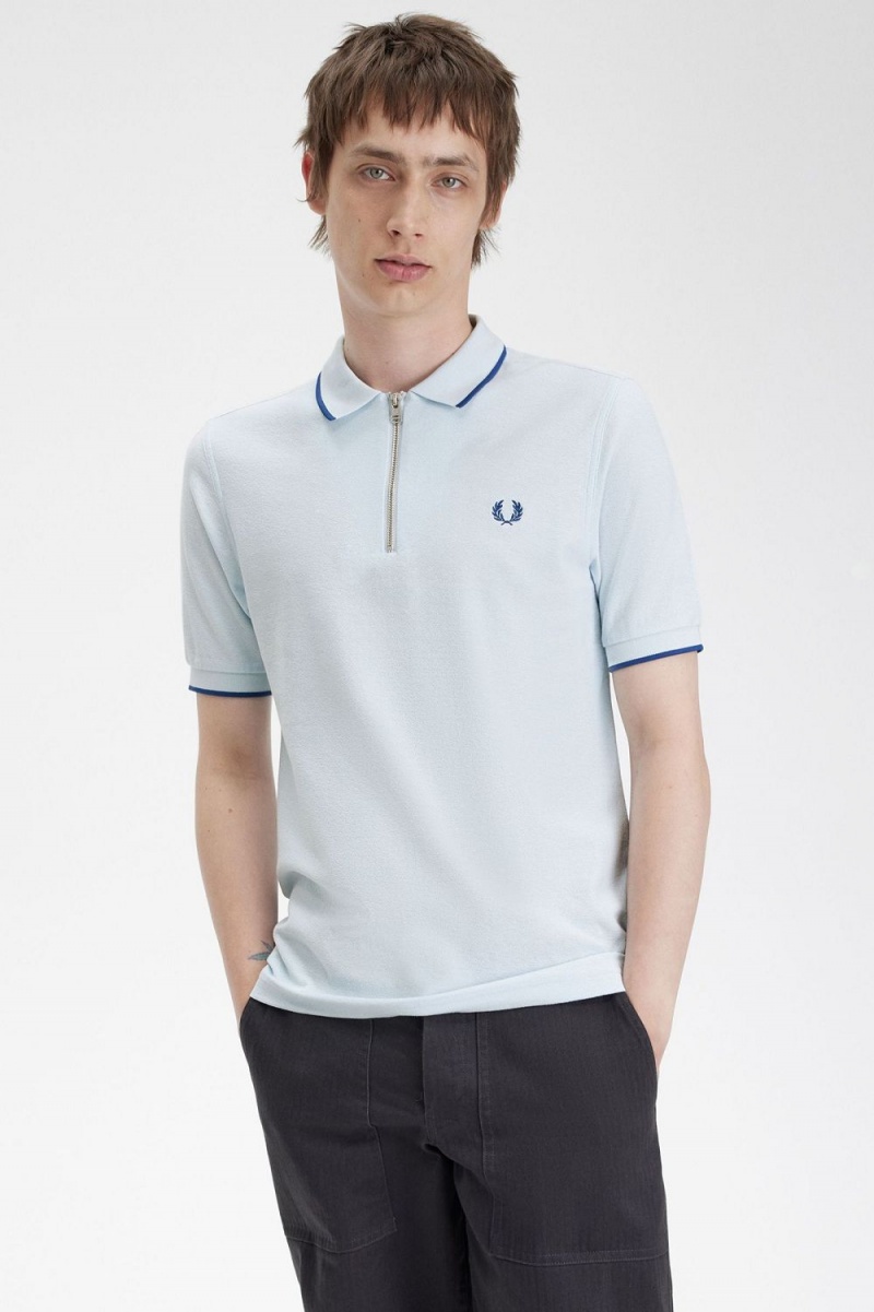 Fred Perry Crepe Pique Zip Neck Men's Polo Shirt Light Aqua | PCQBX9503