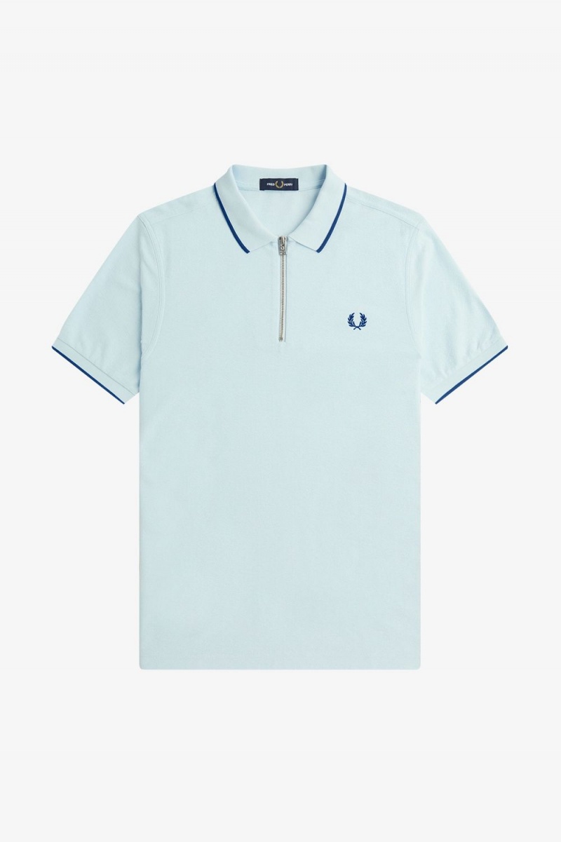 Fred Perry Crepe Pique Zip Neck Men's Polo Shirt Light Aqua | PCQBX9503