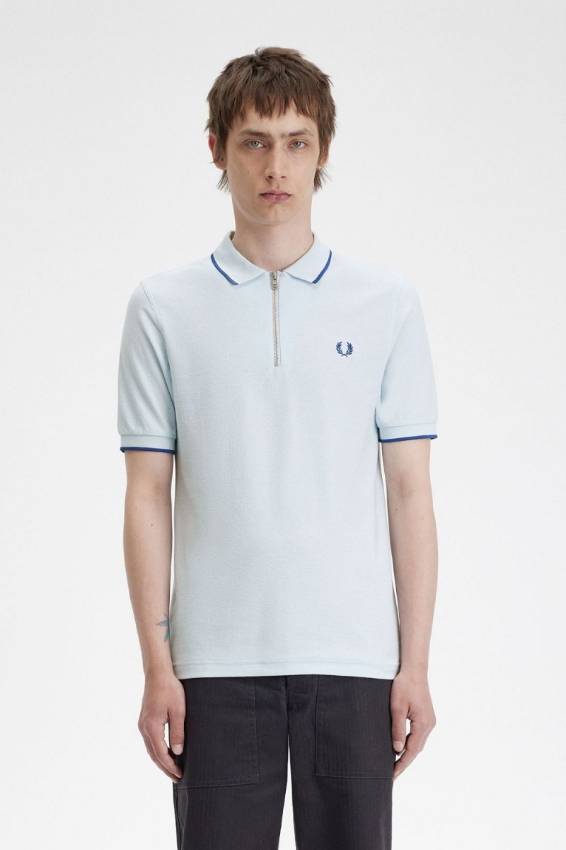 Fred Perry Crepe Pique Zip Neck Men\'s Polo Shirt Light Aqua | PCQBX9503