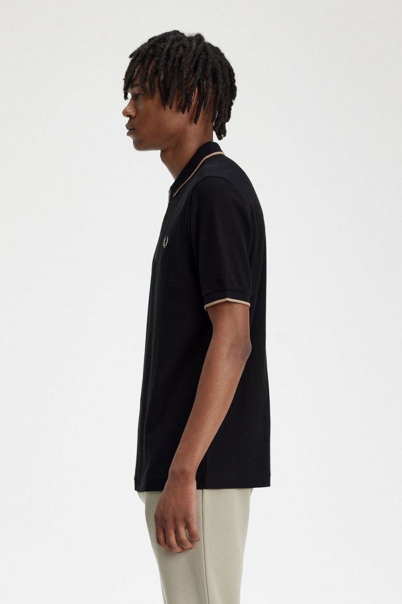 Fred Perry Crepe Pique Zip Neck Men's Polo Shirt Black | ANKMW6105