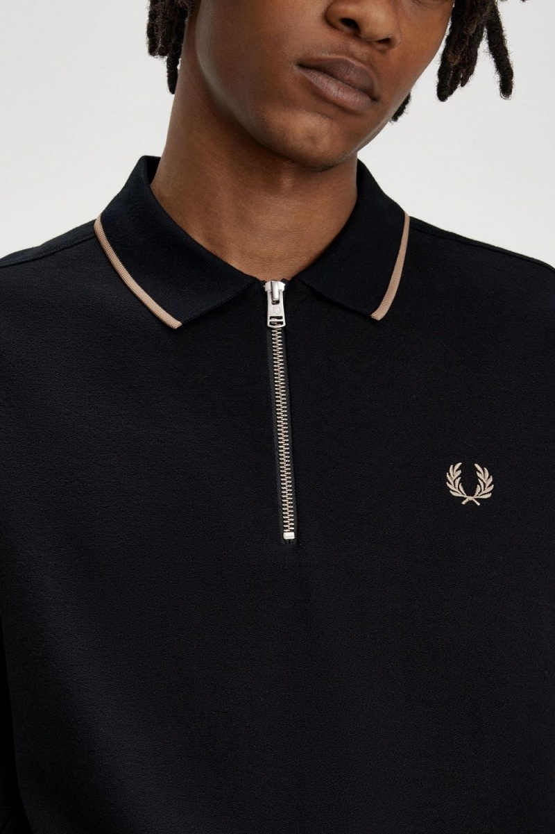 Fred Perry Crepe Pique Zip Neck Men's Polo Shirt Black | ANKMW6105