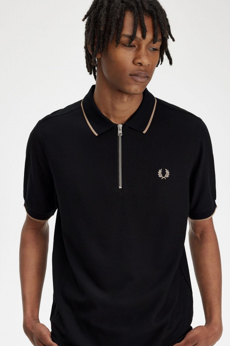 Fred Perry Crepe Pique Zip Neck Men's Polo Shirt Black | ANKMW6105