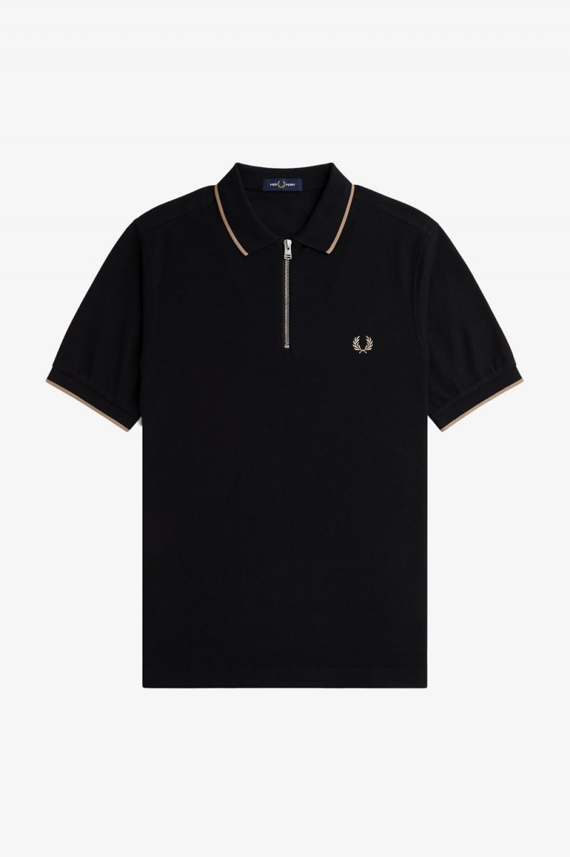 Fred Perry Crepe Pique Zip Neck Men's Polo Shirt Black | ANKMW6105