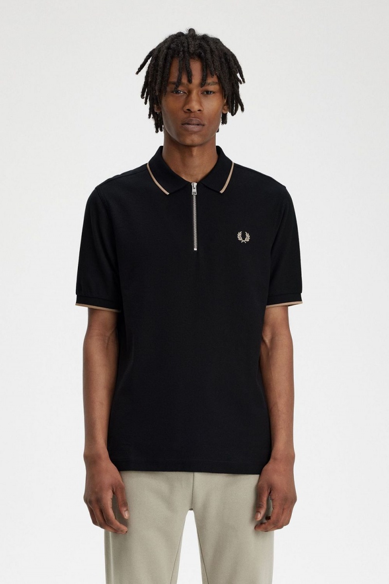 Fred Perry Crepe Pique Zip Neck Men\'s Polo Shirt Black | ANKMW6105