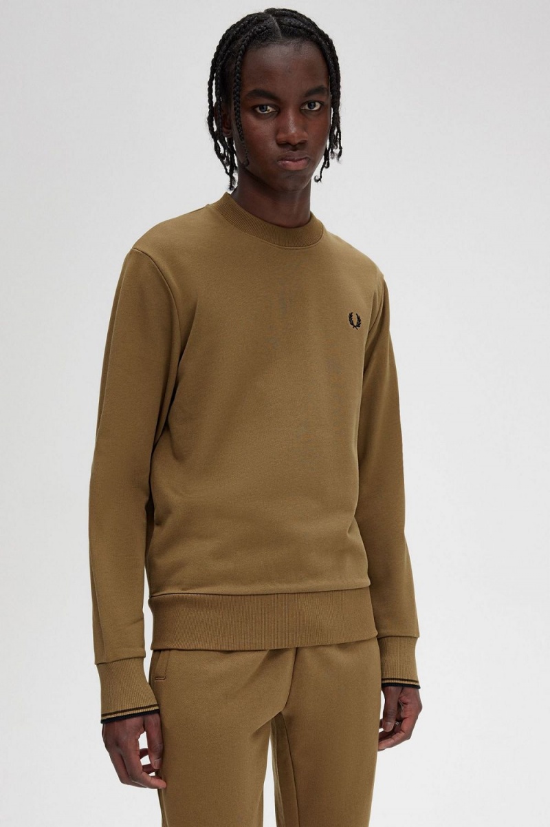 Fred Perry Crew Neck Men's Sweatshirts Brown Burnt Tobacco | MDXFI9186