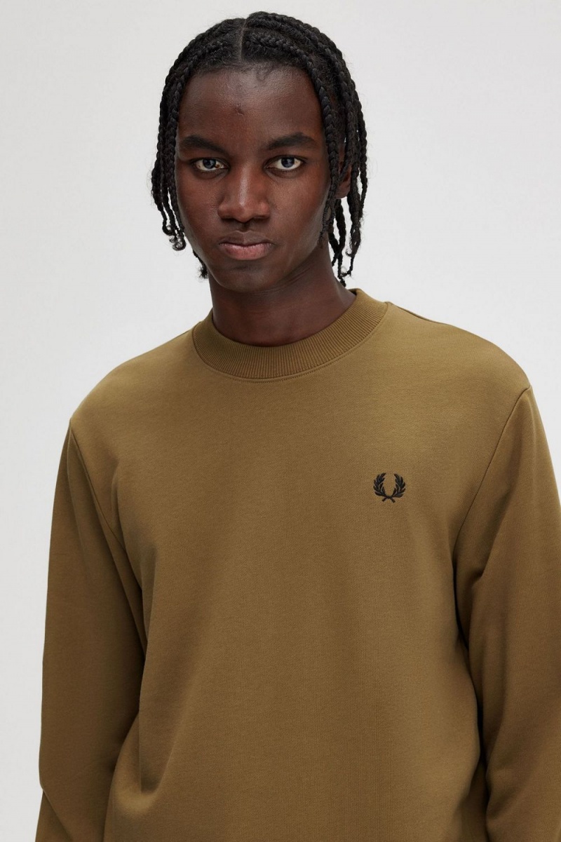 Fred Perry Crew Neck Men's Sweatshirts Brown Burnt Tobacco | MDXFI9186