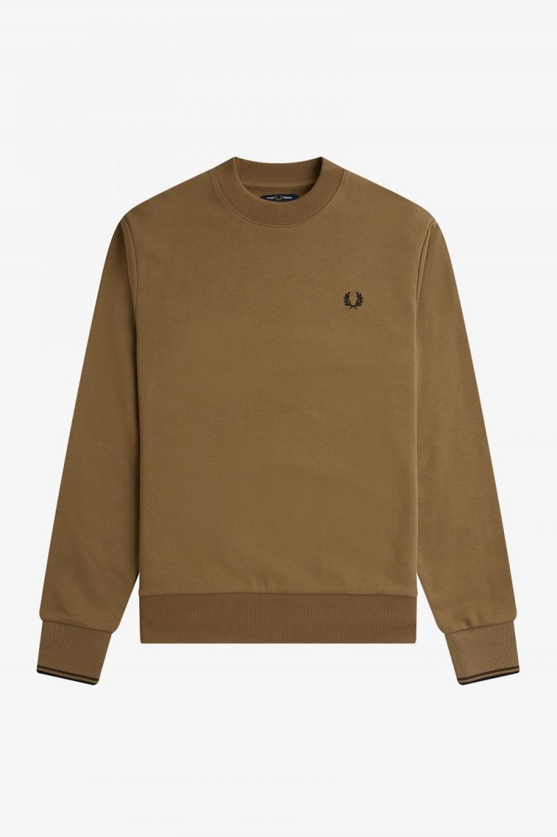 Fred Perry Crew Neck Men's Sweatshirts Brown Burnt Tobacco | MDXFI9186