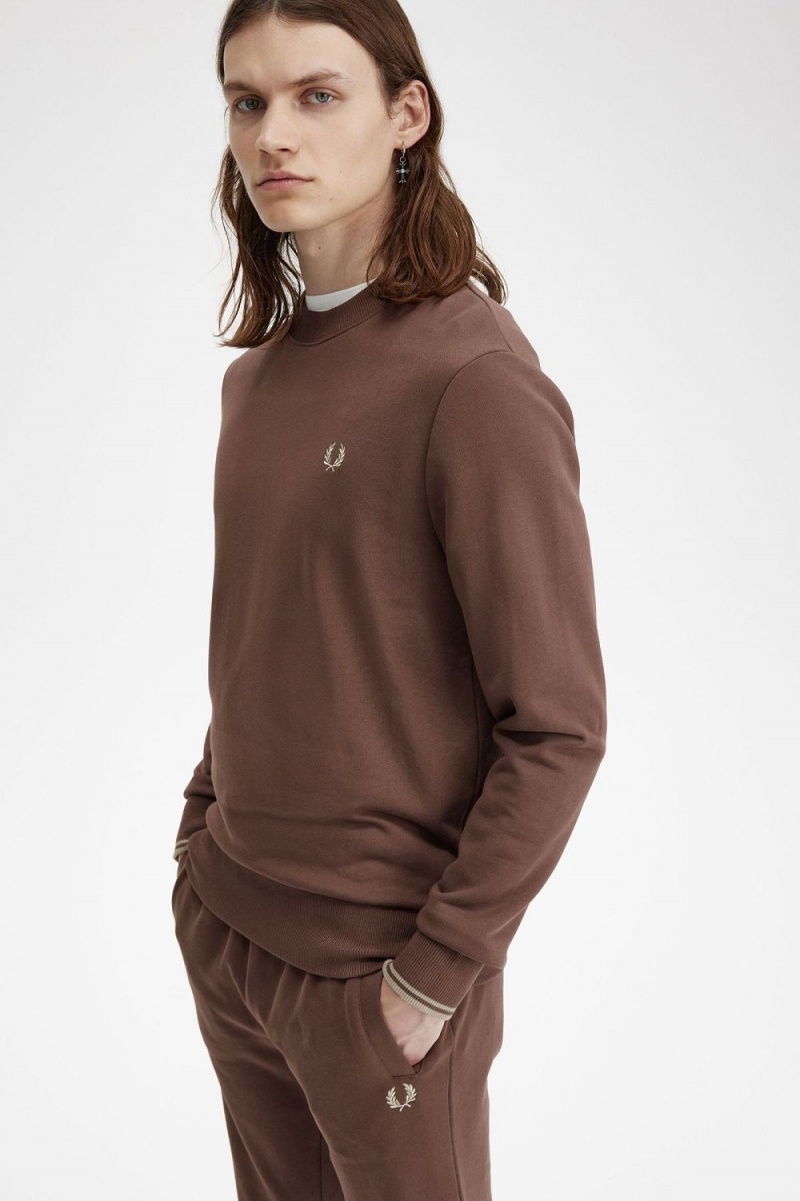 Fred Perry Crew Neck Men's Sweatshirts Dark Red Warm Grey | SOJYB3974