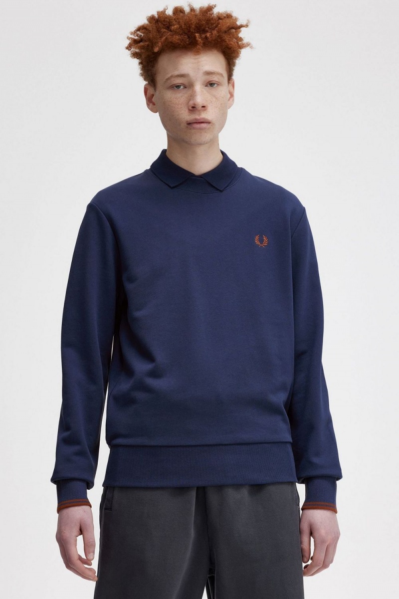 Fred Perry Crew Neck Men's Sweatshirts French Navy Whisky Brown | YJOUR5793