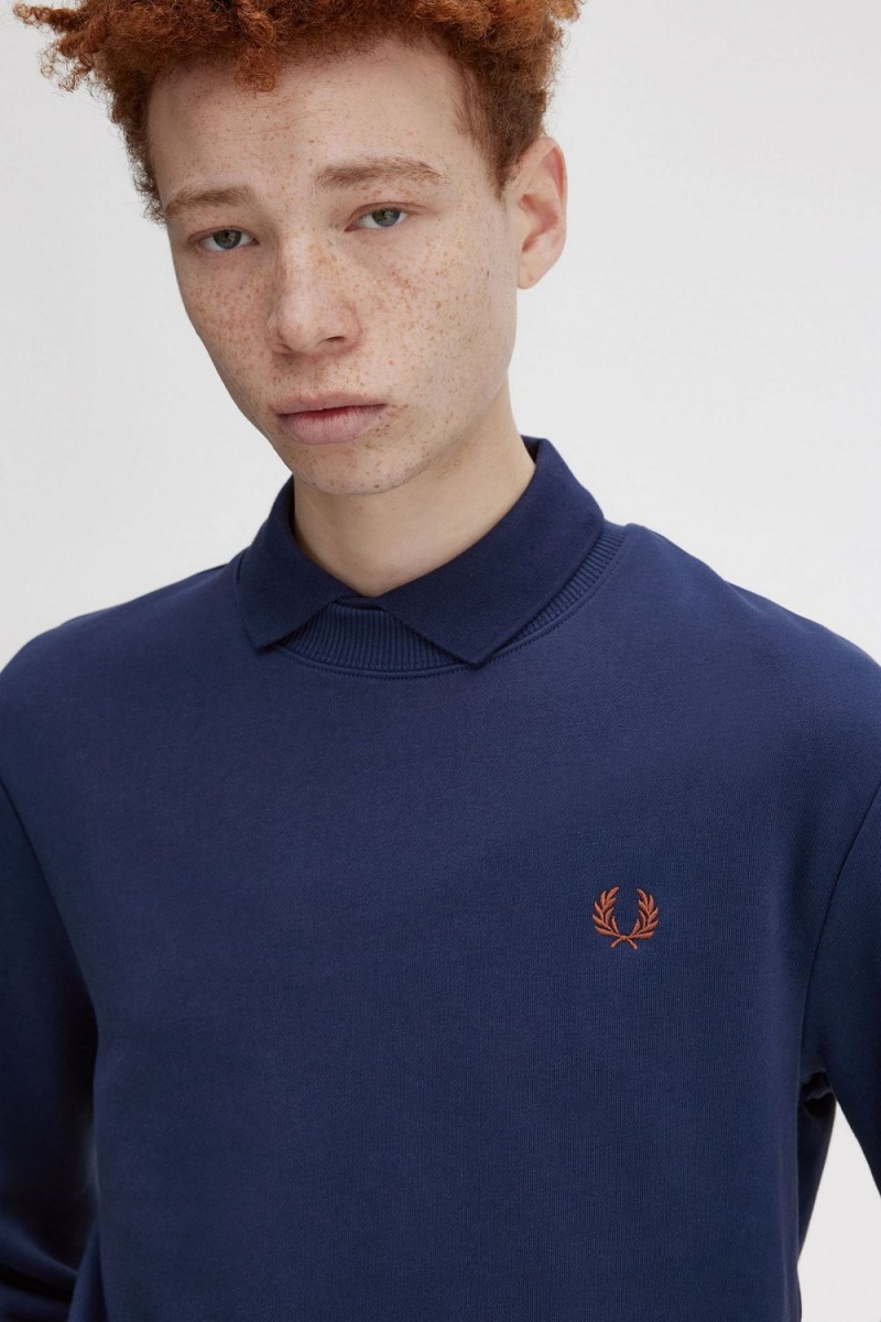 Fred Perry Crew Neck Men's Sweatshirts French Navy Whisky Brown | YJOUR5793