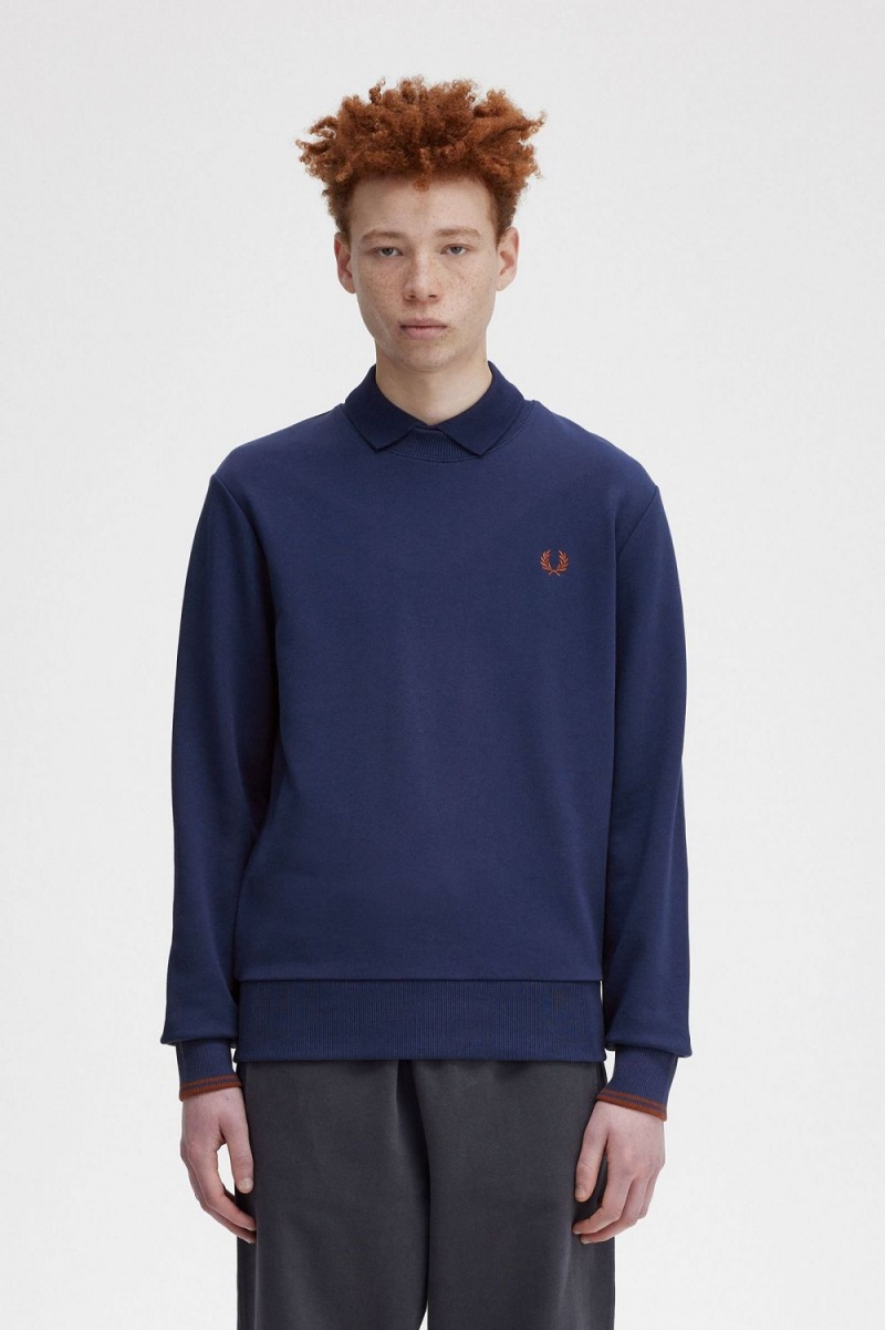 Fred Perry Crew Neck Men\'s Sweatshirts French Navy Whisky Brown | YJOUR5793