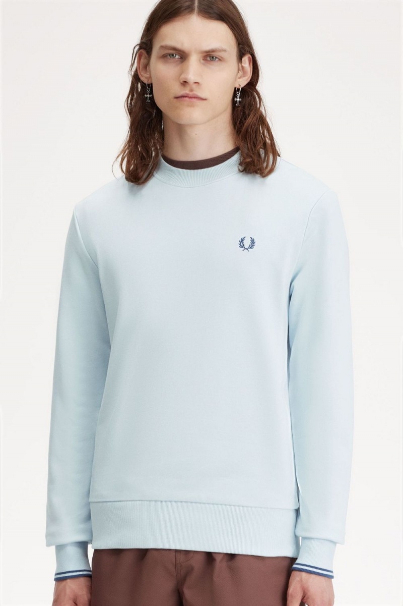 Fred Perry Crew Neck Men's Sweatshirts Light Aqua Midnight Blue | EANKS3859