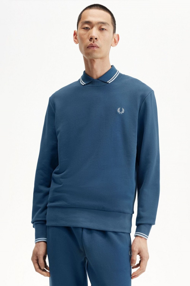 Fred Perry Crew Neck Men's Sweatshirts Midnight Blue Light Aqua | PTOXD1045