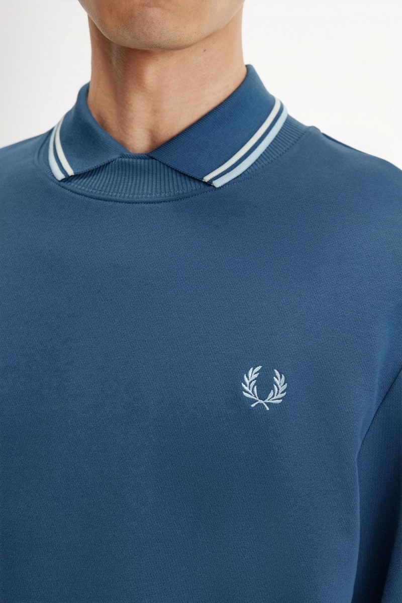 Fred Perry Crew Neck Men's Sweatshirts Midnight Blue Light Aqua | PTOXD1045