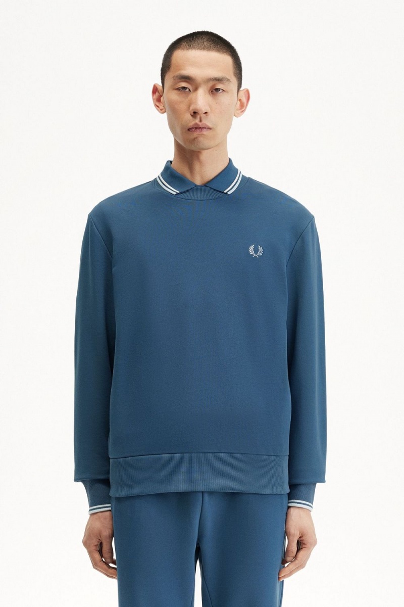 Fred Perry Crew Neck Men\'s Sweatshirts Midnight Blue Light Aqua | PTOXD1045