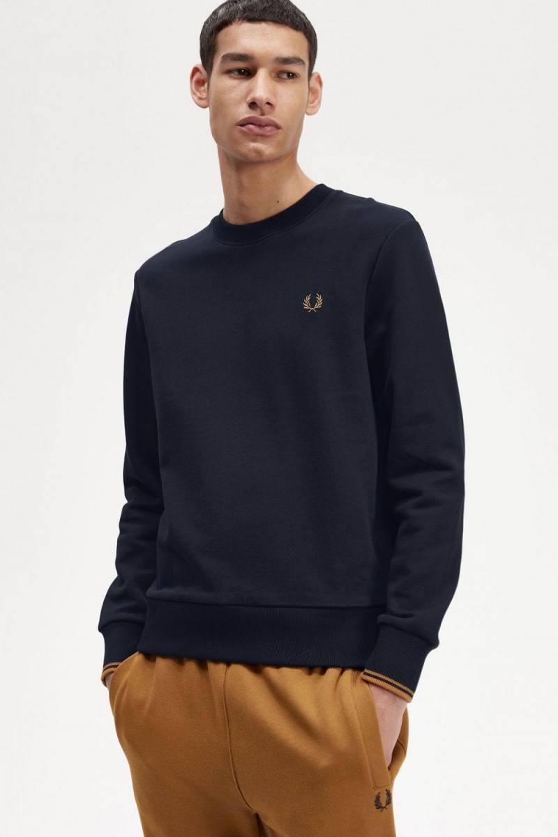 Fred Perry Crew Neck Men's Sweatshirts Navy Dark Coffee | ZLVRI0358