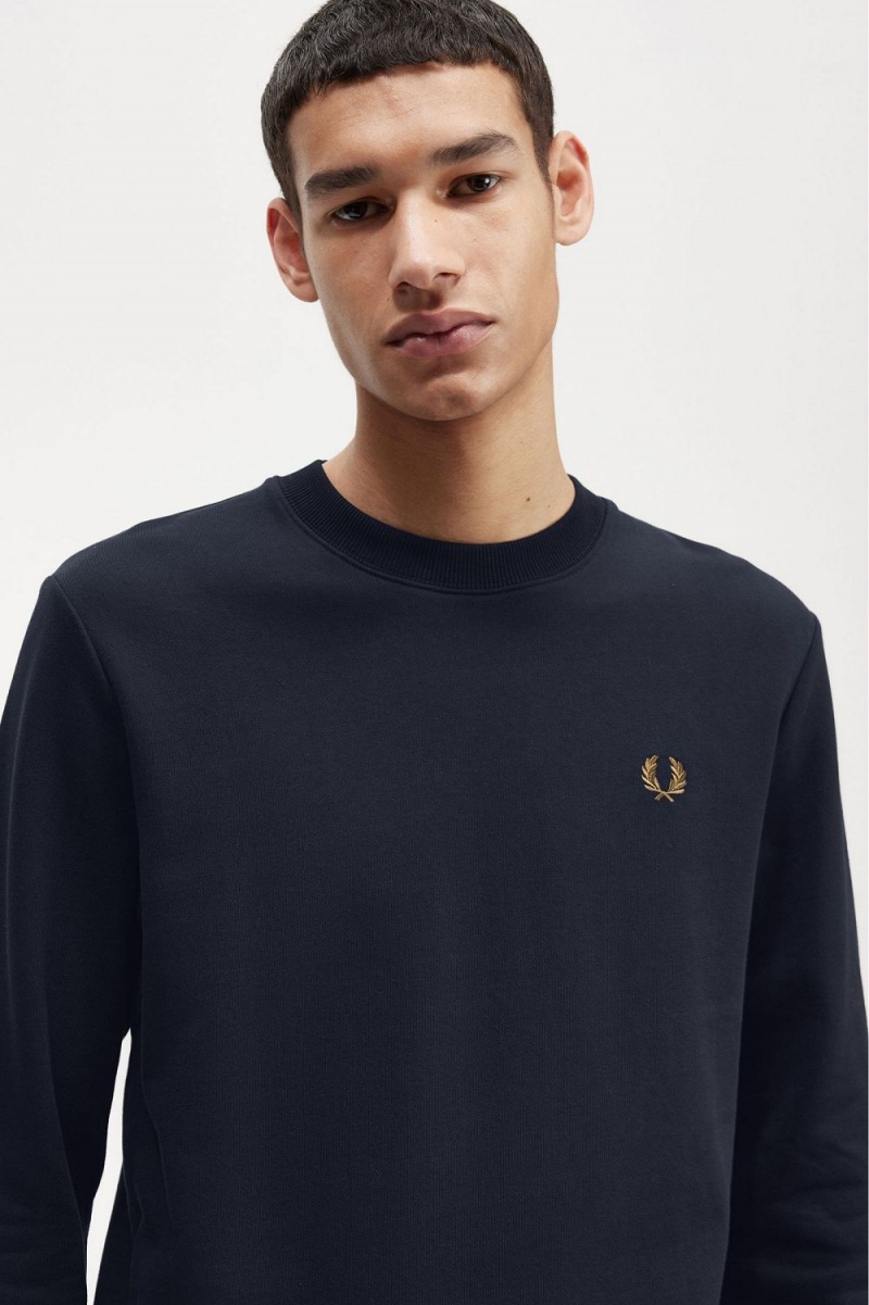 Fred Perry Crew Neck Men's Sweatshirts Navy Dark Coffee | ZLVRI0358