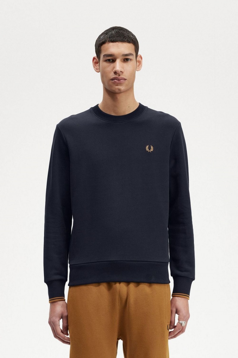 Fred Perry Crew Neck Men\'s Sweatshirts Navy Dark Coffee | ZLVRI0358