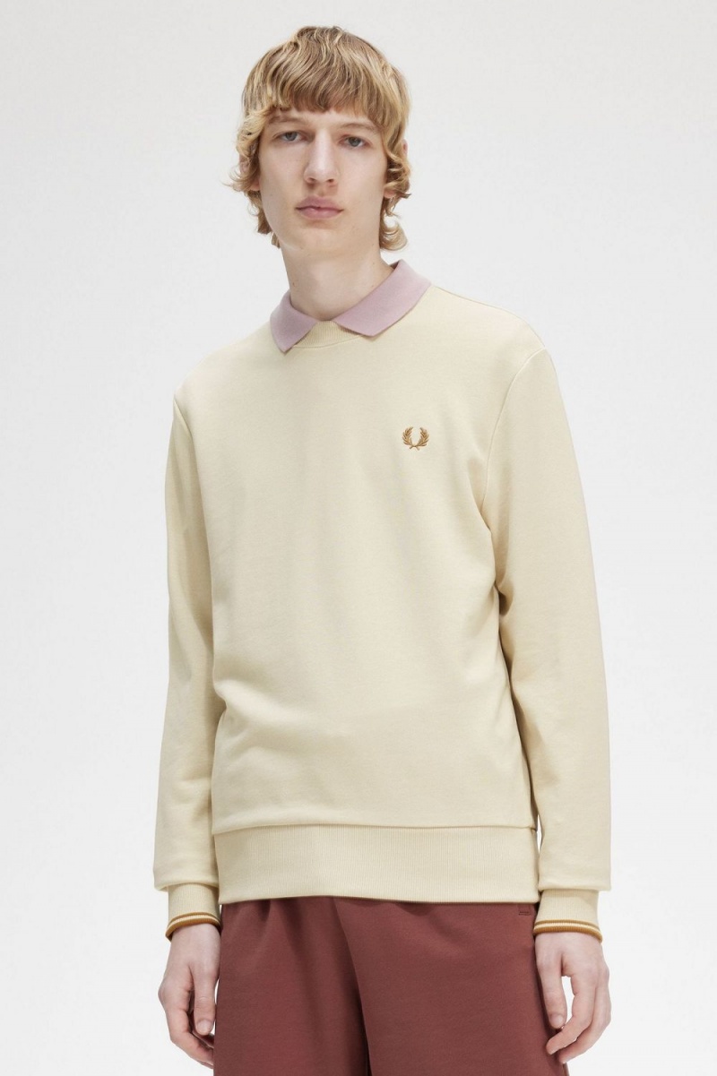 Fred Perry Crew Neck Men's Sweatshirts Oatmeal | JDWQS8057