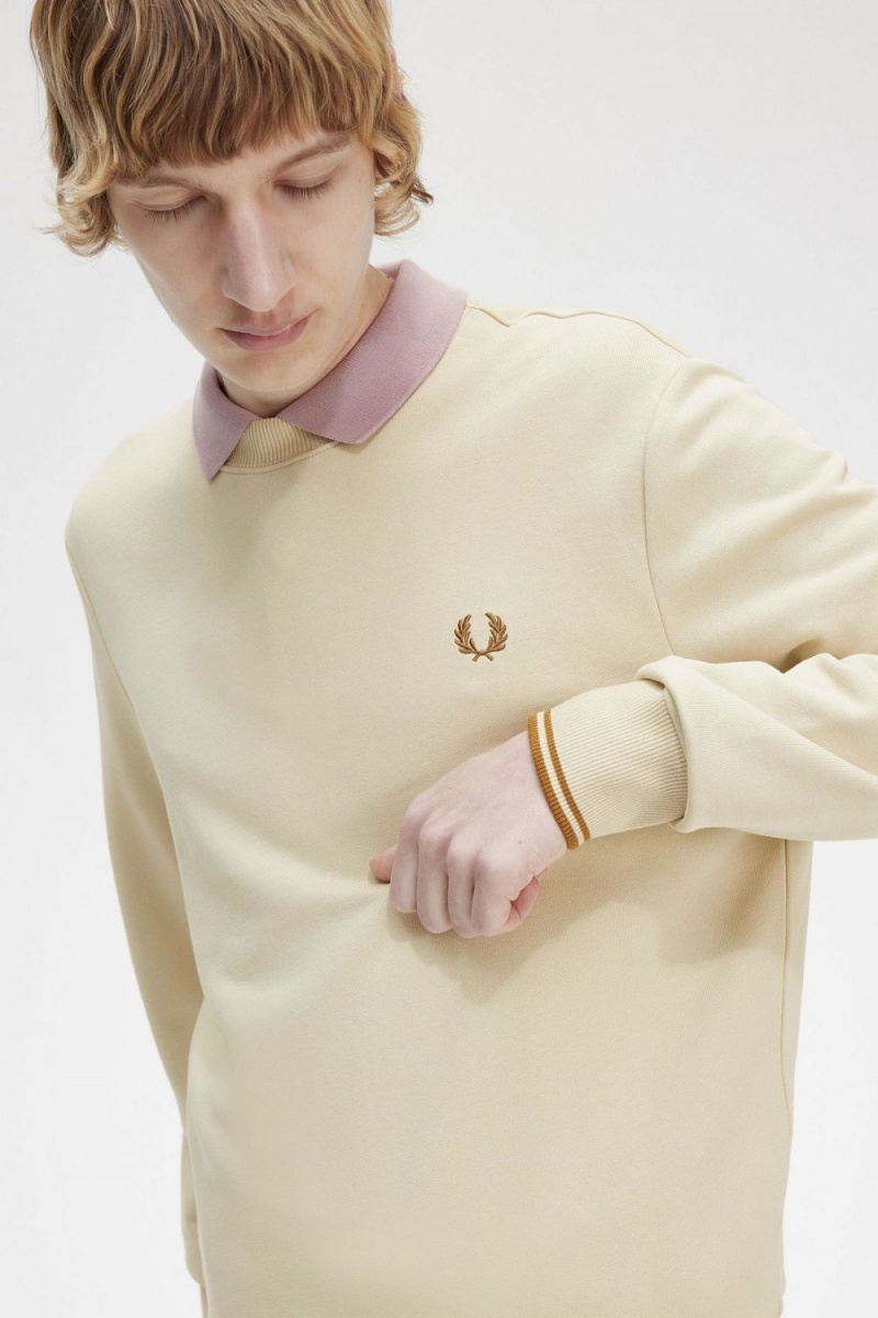 Fred Perry Crew Neck Men's Sweatshirts Oatmeal | JDWQS8057