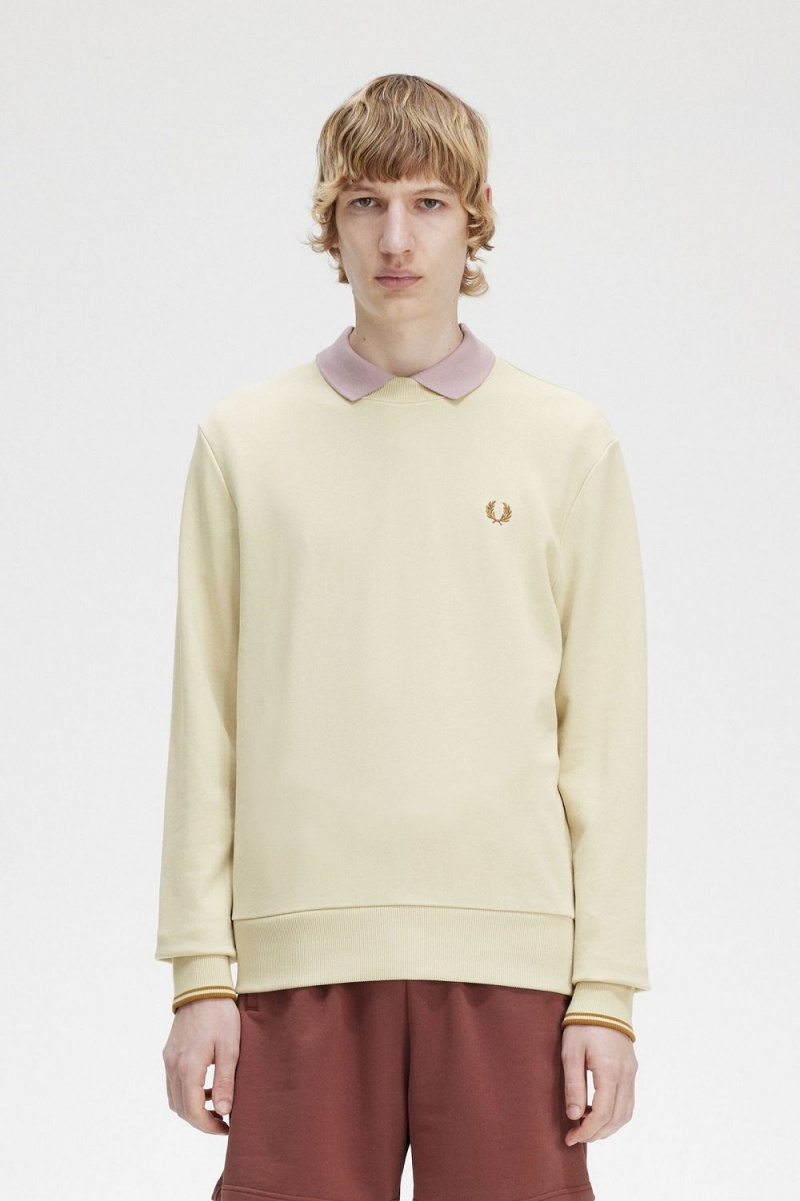 Fred Perry Crew Neck Men\'s Sweatshirts Oatmeal | JDWQS8057