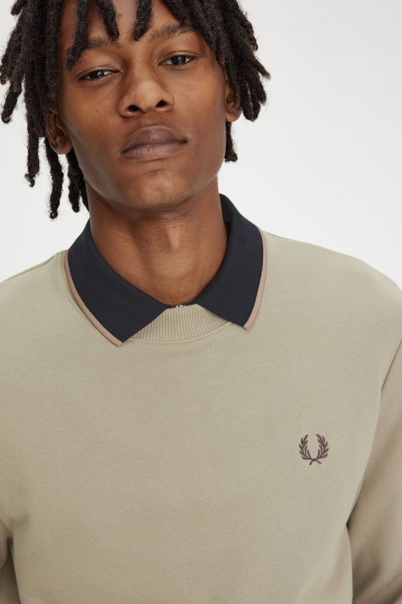 Fred Perry Crew Neck Men's Sweatshirts Warm Grey Dark Red | WKIRL1340