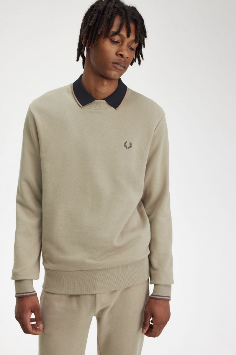 Fred Perry Crew Neck Men's Sweatshirts Warm Grey Dark Red | WKIRL1340