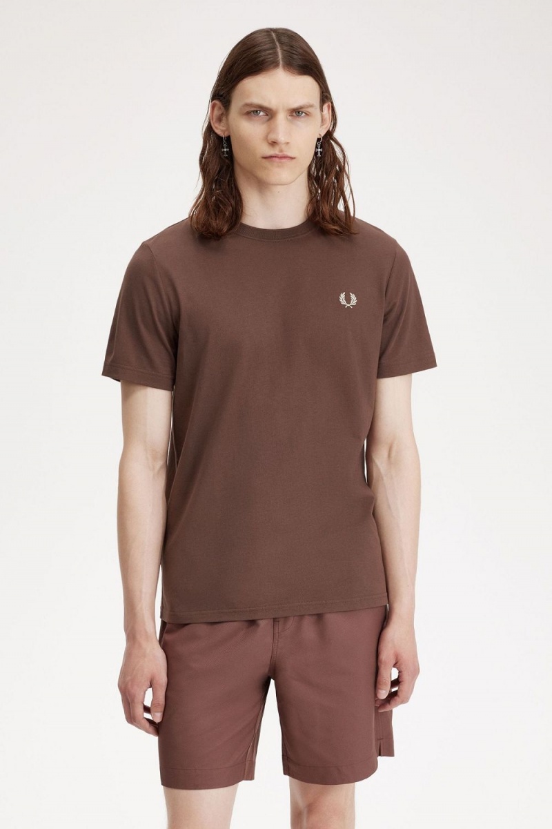 Fred Perry Crew Neck Men's T-Shirt Dark Red Warm Grey | KZNVD1037