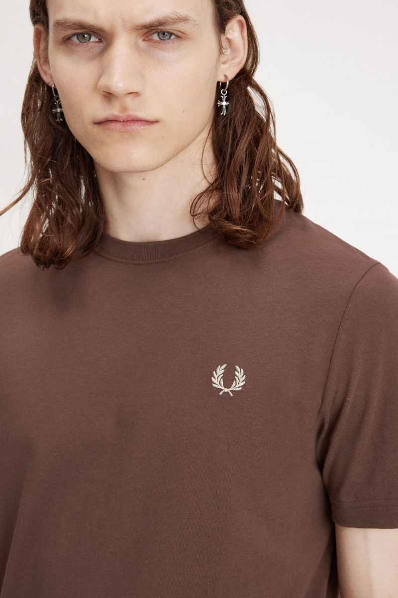 Fred Perry Crew Neck Men's T-Shirt Dark Red Warm Grey | KZNVD1037