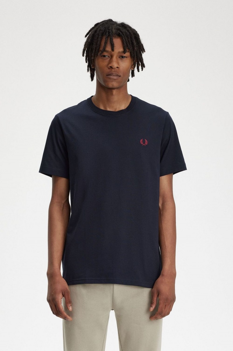 Fred Perry Crew Neck Men\'s T-Shirt Navy Burnt Red | KWSRL0417