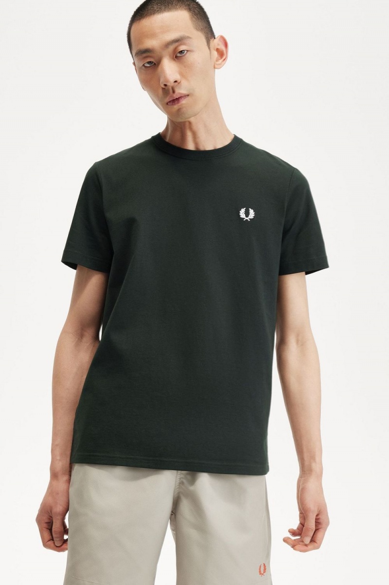 Fred Perry Crew Neck Men's T-Shirt Night Green Snow White | VWKUA7459