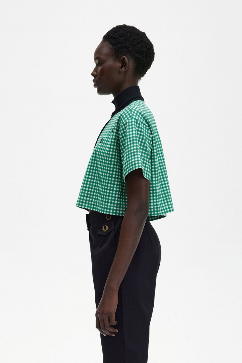 Fred Perry Cropped Gingham Piqué Women's Polo Shirt Green | FOHWT6529