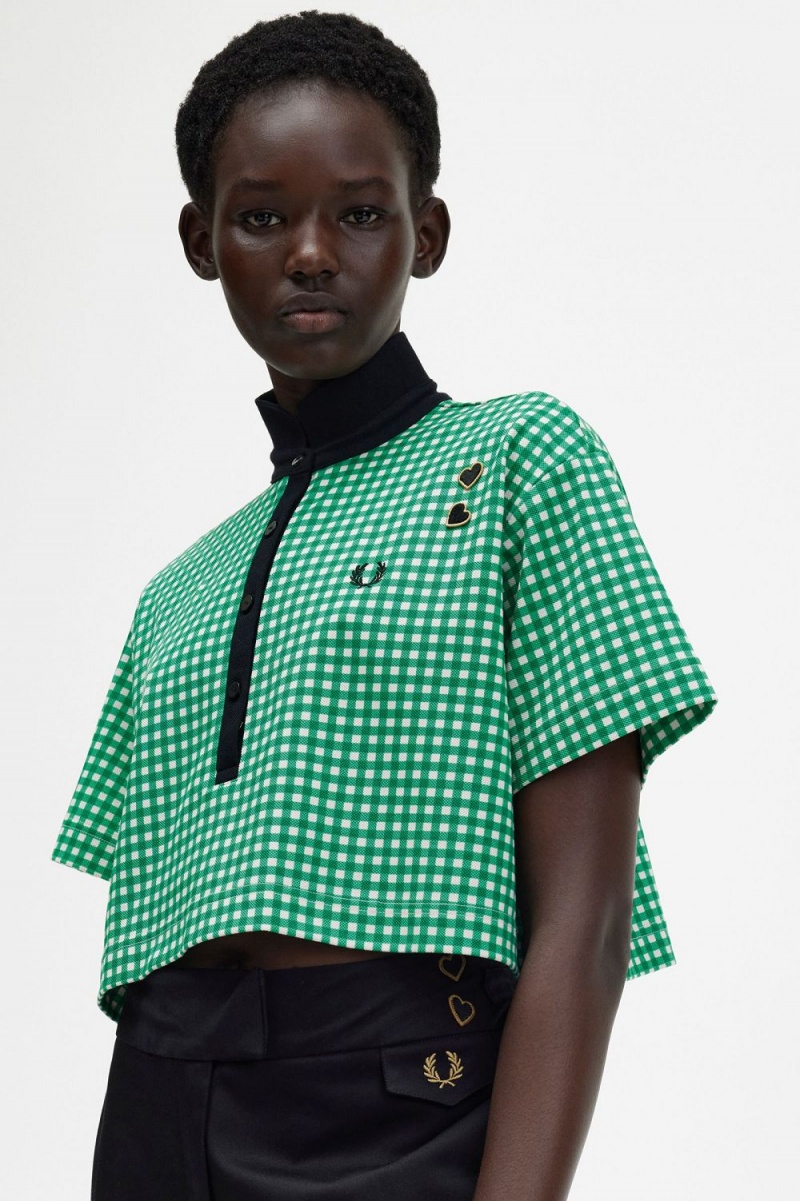 Fred Perry Cropped Gingham Piqué Women's Polo Shirt Green | FOHWT6529