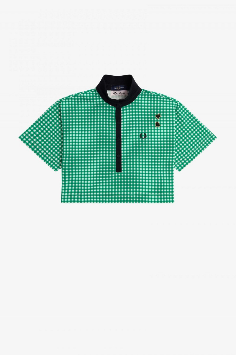 Fred Perry Cropped Gingham Piqué Women's Polo Shirt Green | FOHWT6529