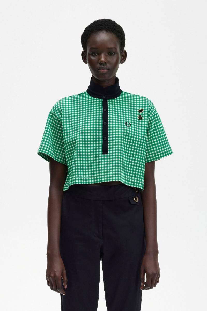 Fred Perry Cropped Gingham Piqué Women\'s Polo Shirt Green | FOHWT6529