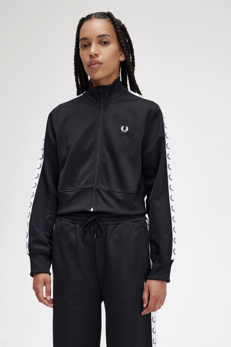 Fred Perry Cropped Taped Track Women's Jackets Black | BQPAZ8193