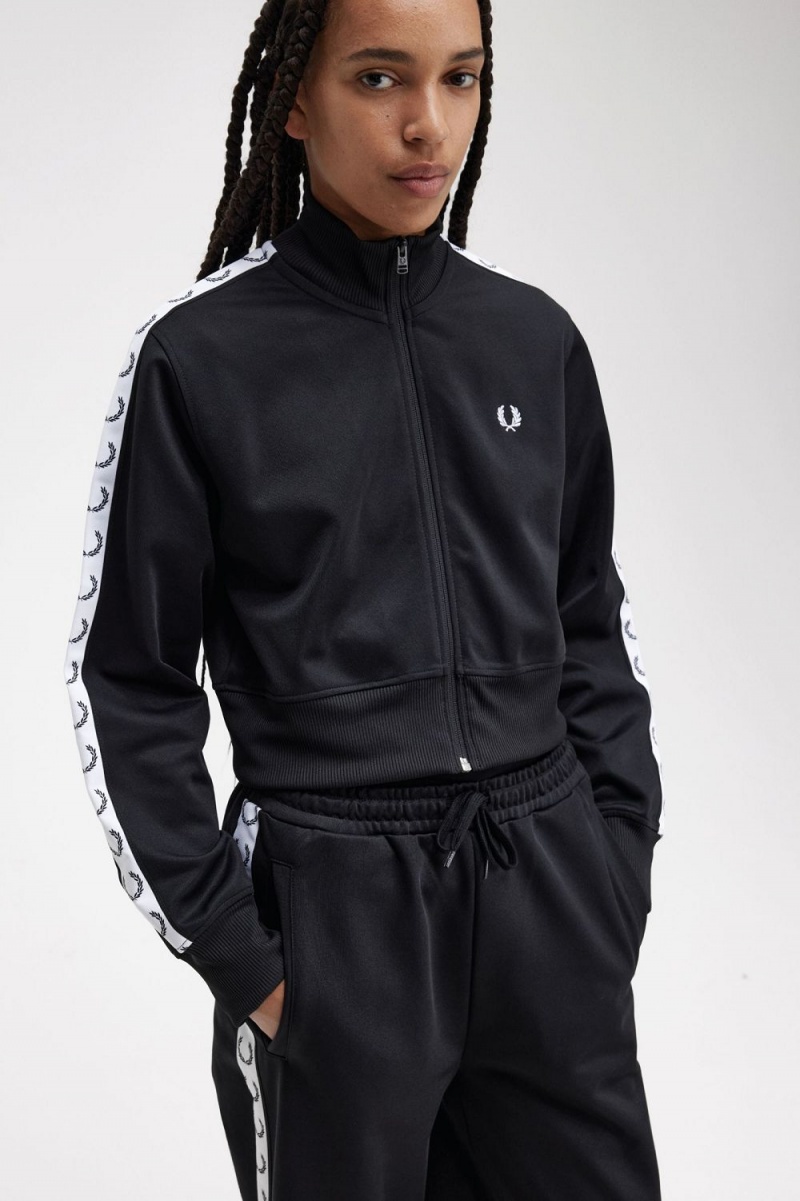 Fred Perry Cropped Taped Track Women's Jackets Black | BQPAZ8193