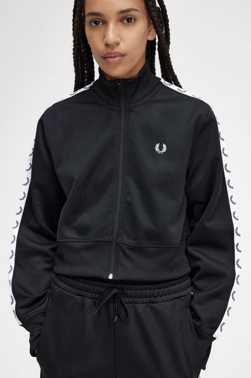 Fred Perry Cropped Taped Track Women's Jackets Black | BQPAZ8193