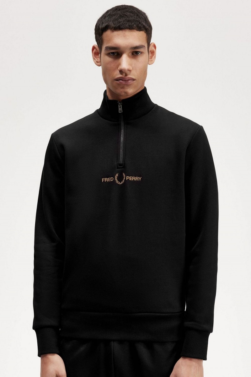 Fred Perry Double Graphic Half Zip Men's Sweatshirts Black | ZUOBY5624