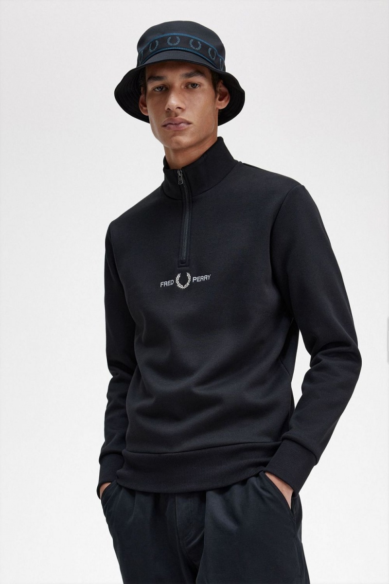 Fred Perry Embroidered Half Zip Men's Sweatshirts Black | FLMRD8015