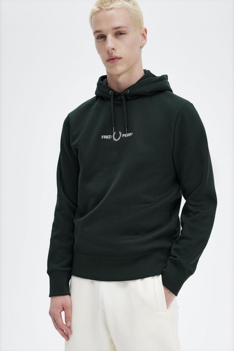 Fred Perry Embroidered Hooded Men's Sweatshirts Night Green | UDEMW2986