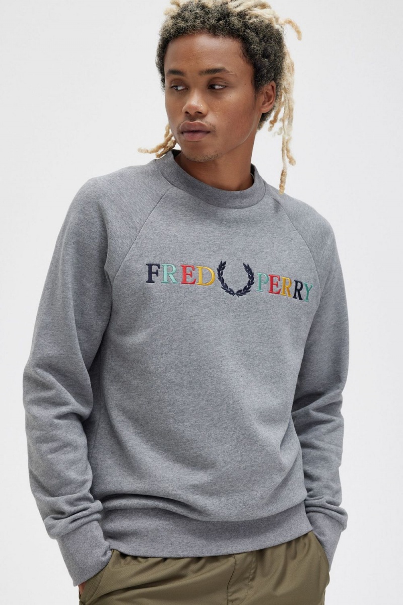 Fred Perry Embroidered Men's Sweatshirts Grey Marl Ash Blue Black | KQWXE7325