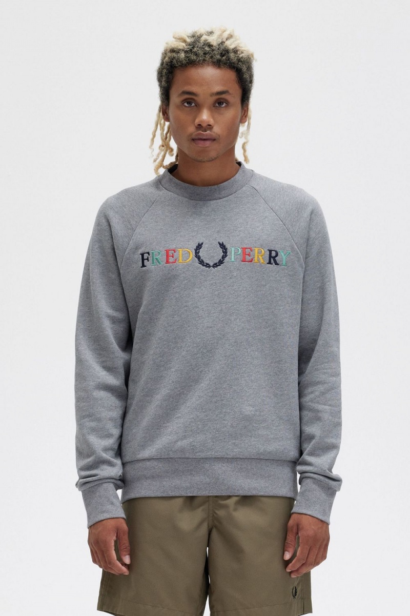 Fred Perry Embroidered Men\'s Sweatshirts Grey Marl Ash Blue Black | KQWXE7325