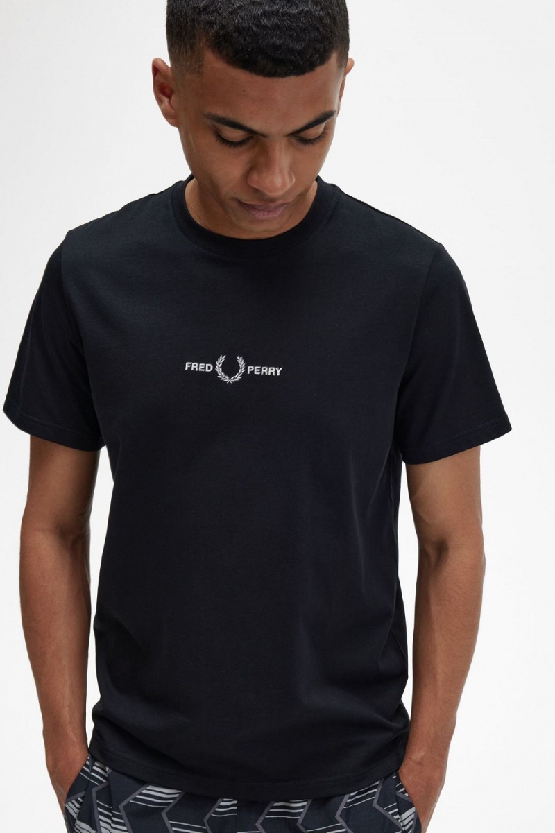 Fred Perry Embroidered Men's T-Shirt Black | EBKTV6532