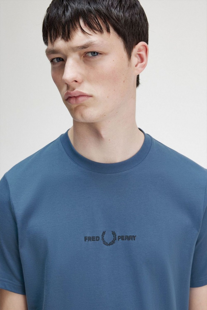 Fred Perry Embroidered Men's T-Shirt Midnight Blue | QCHYJ9867